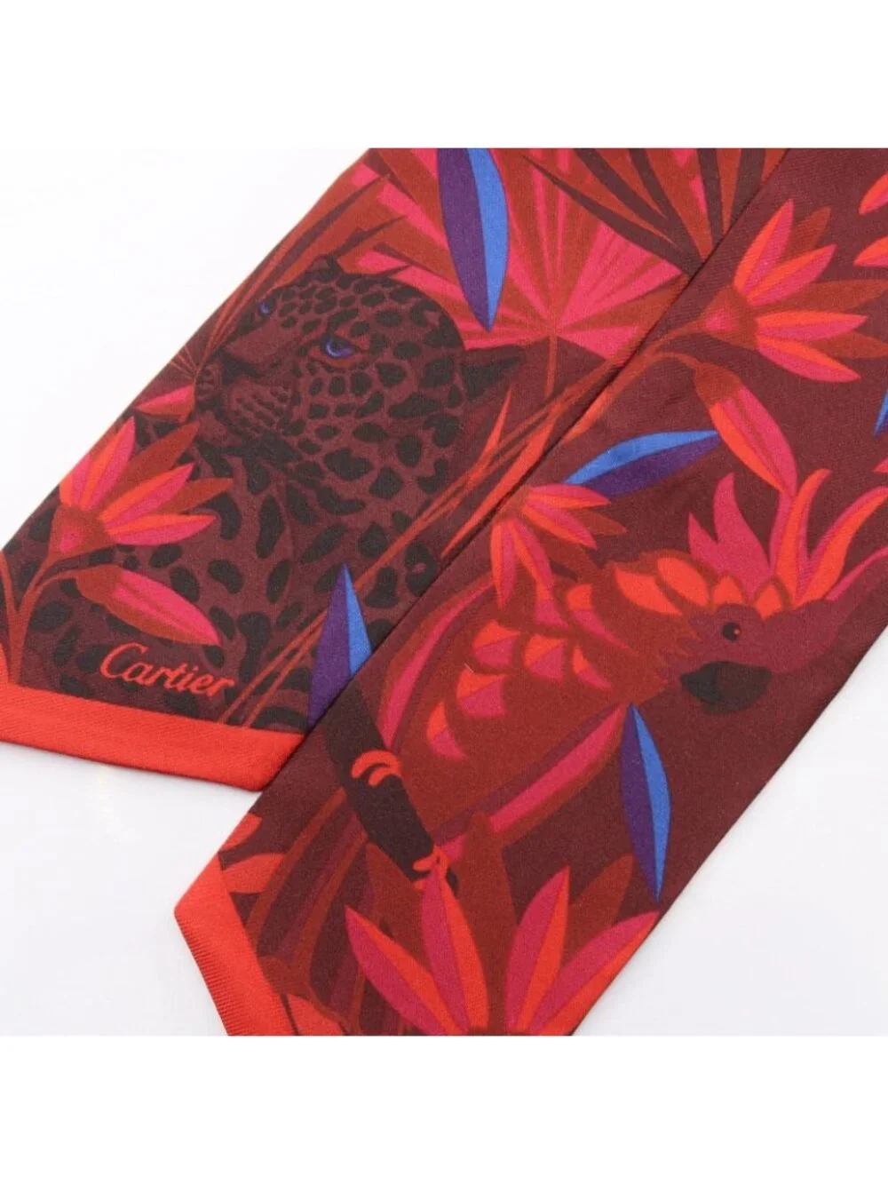 Cartier Scarf Bandeau Panther Ribbon Red Silk